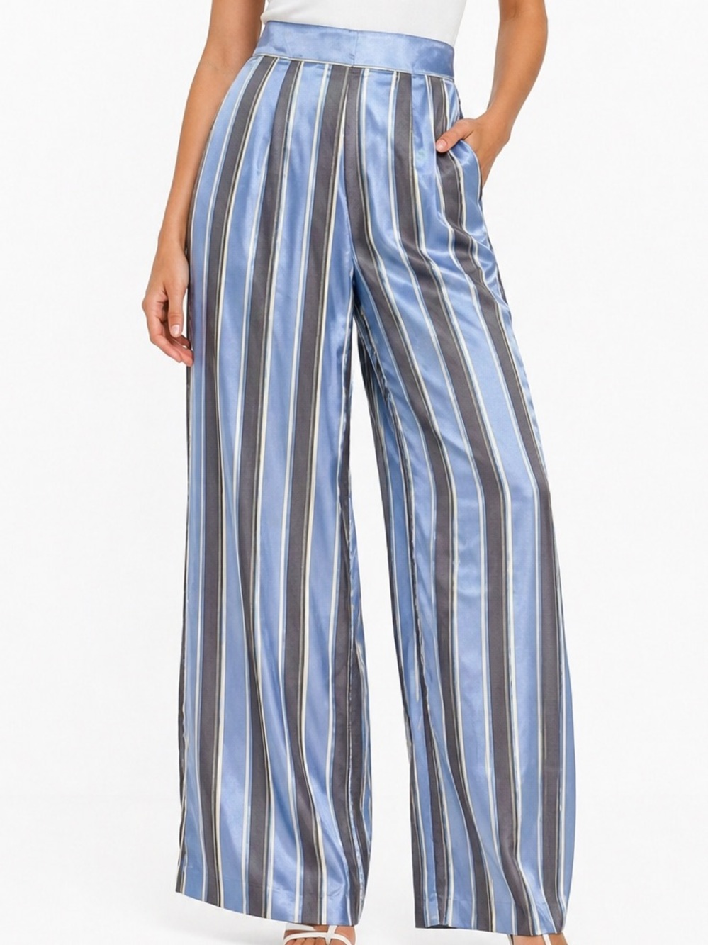 NWT - PT01 (PT Torino) Silk Stripe Wide-Leg Pants Blue High Rise US 4 IT 40